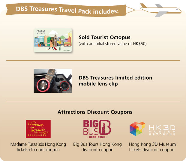 DBS Treasures Travel Pack includes:
Sold Tourist Octopus (with an initial stored value of HK$50)
DBS Treasures limited edition mobile lens clip
Attractions Discount Coupons:
Madame Tussauds Hong Kong tickets discount coupon
Big Bus Tours Hong Kong discount coupon
Hong Kong 3D Museum tickets discount coupon