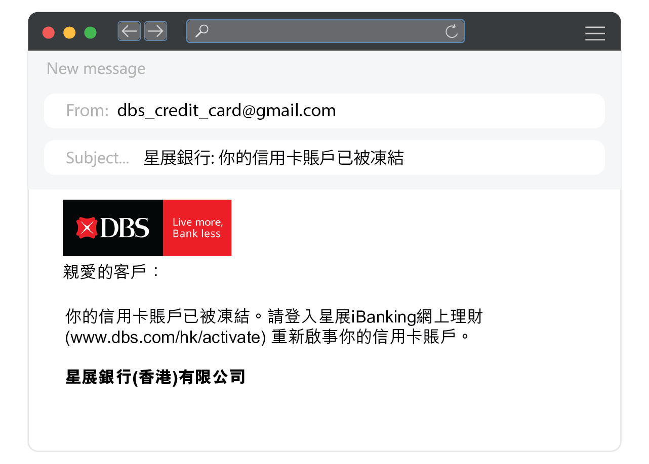 圖中是騙徒假扮DBS發出的「網絡釣
魚」電郵，以信用卡賬戶凍結為由，
要求事主透過內附連結登入星展iBanking網上理財並重新啟動賬戶。