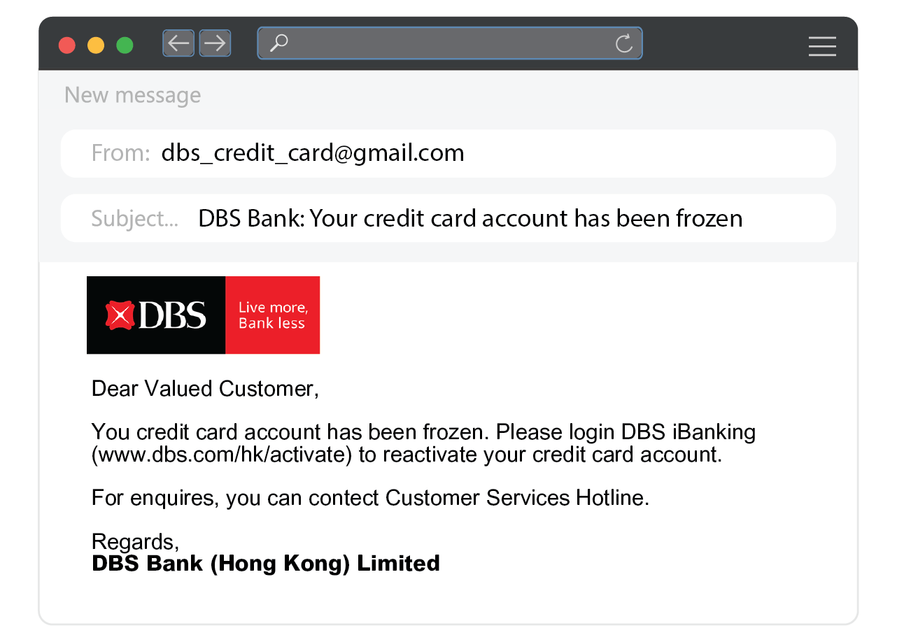 Example of a phishing email. It purports
to be sent from DBS and asks the
recipient to log in to DBS iBanking to
activate the frozen credit card account
via the embedded hyperlink.