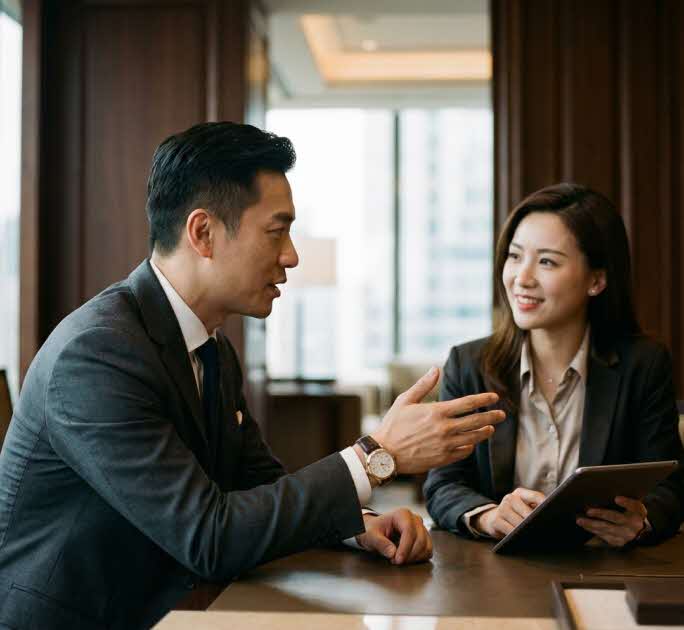 理財顧問與客戶討論保險及財務規劃方案