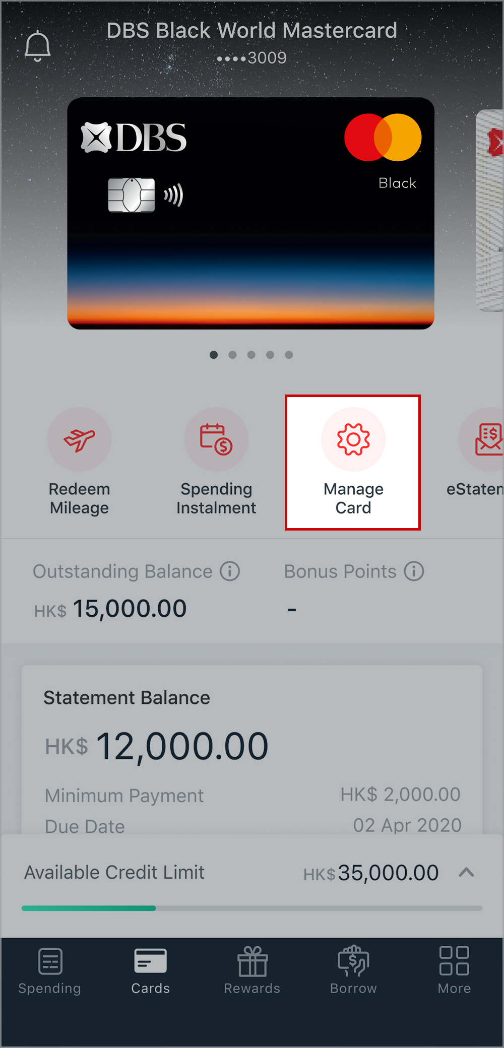 Tap on “Manage Card” under Card