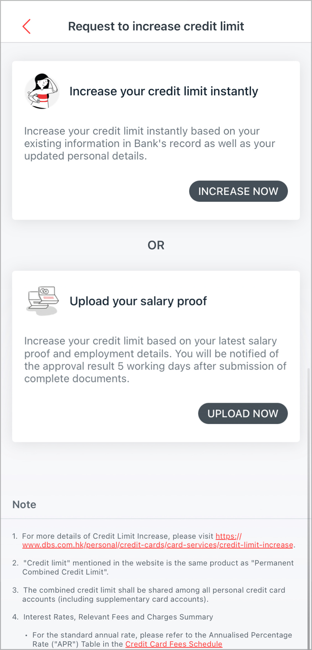 Tap on “Increase Now” or “Upload Now” to increase your credit limit