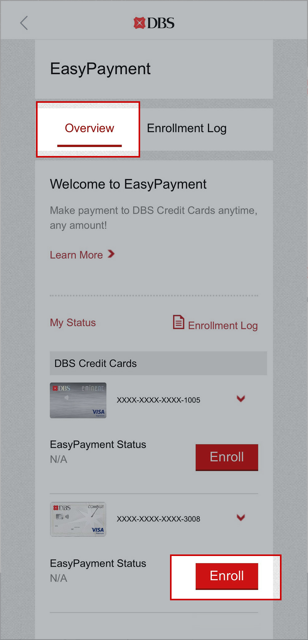 Tap on “Enroll” in Overview
