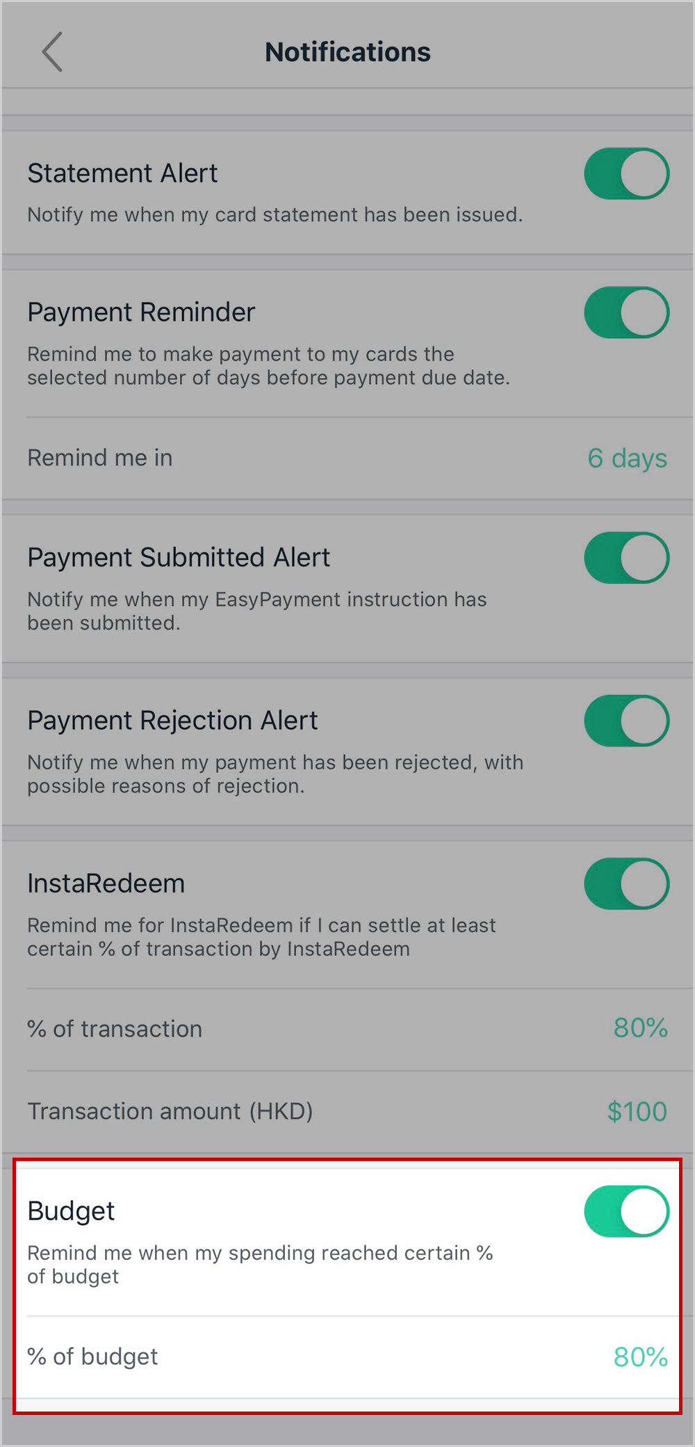 Turn on the notification of “Budget” and “% of budget” for the alert in More > Push Notifications