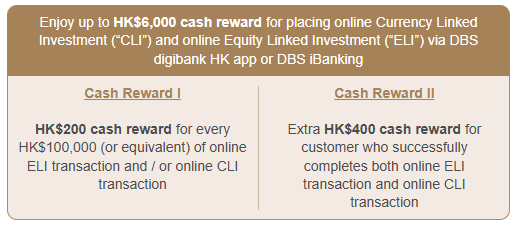 Enjoy up to HK$6,000 cash reward for placing online Currency Linked Investment (“CLI”) and online Equity Linked Investment (“ELI”) via DBS digibank HK app or DBS iBanking