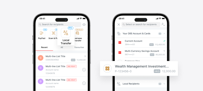 Tap <Local Transfer> and select “Wealth Management Investment” account from “Your DBS Accounts & Cards” dropdown list