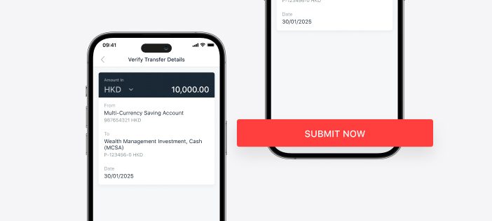 Tap <SUBMIT NOW> to submit the order after reviewing the transfer details
