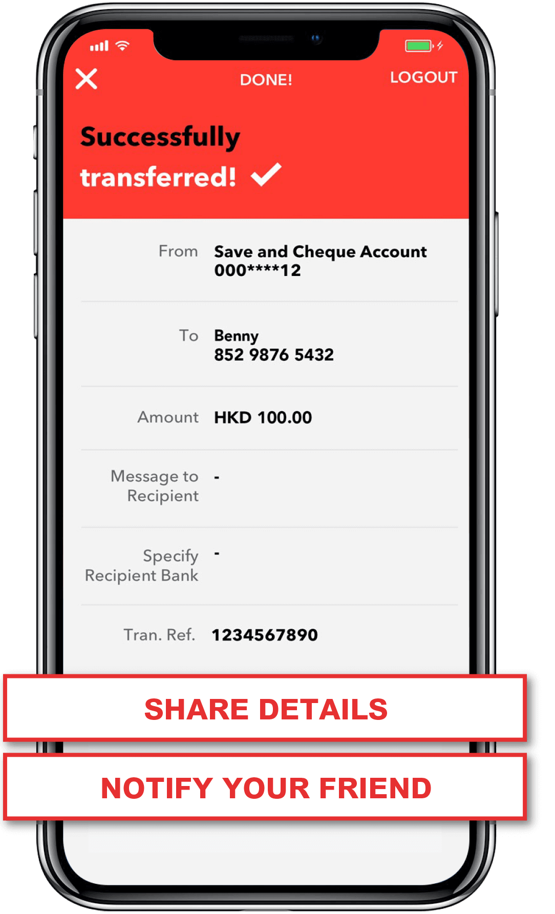 Complete the transfer then click “Notify your friend” or “Share details” to send your greetings message